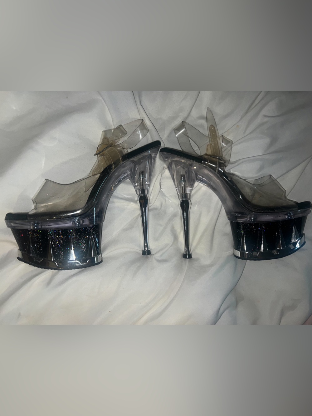 Pleaser Clear Platform Heels with Black Glitter Spiky Soles